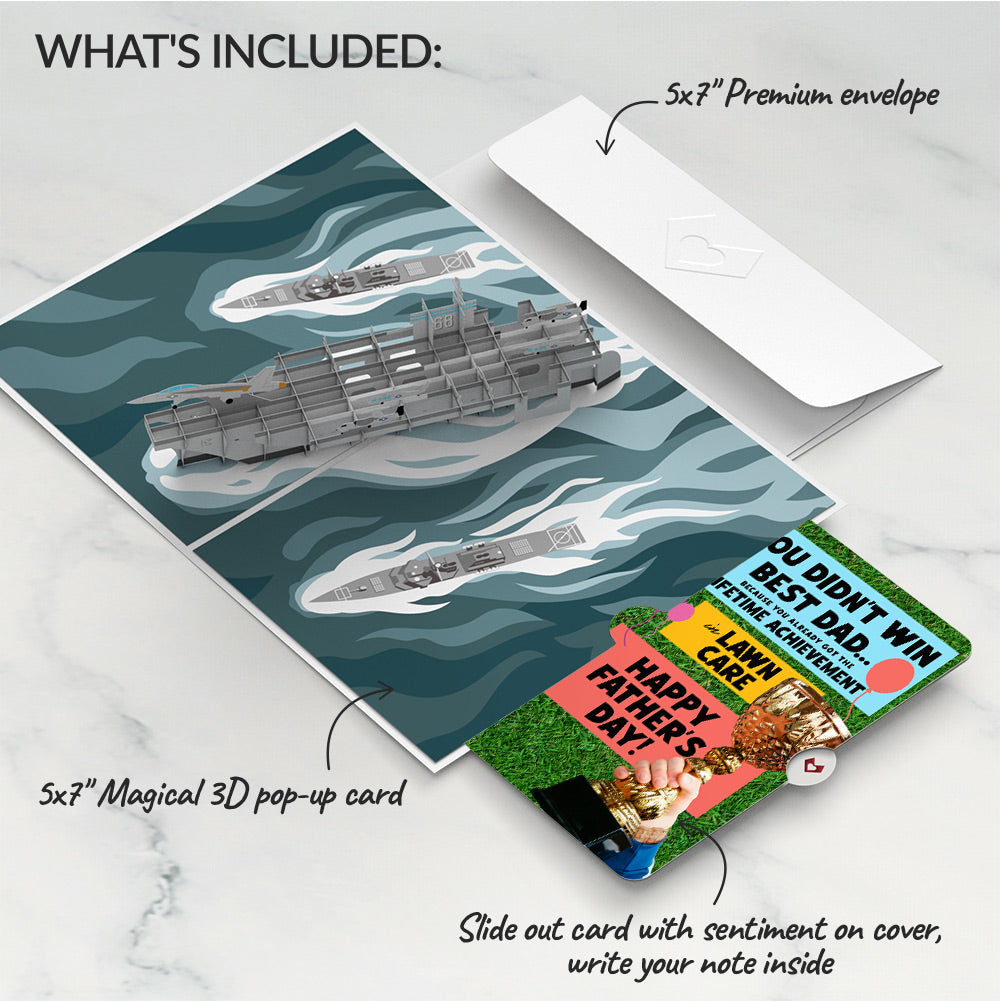 U.S. Aircraft Carrier Father's Day Pop-Up Card and Trophy Lawn Care Sentiment Set