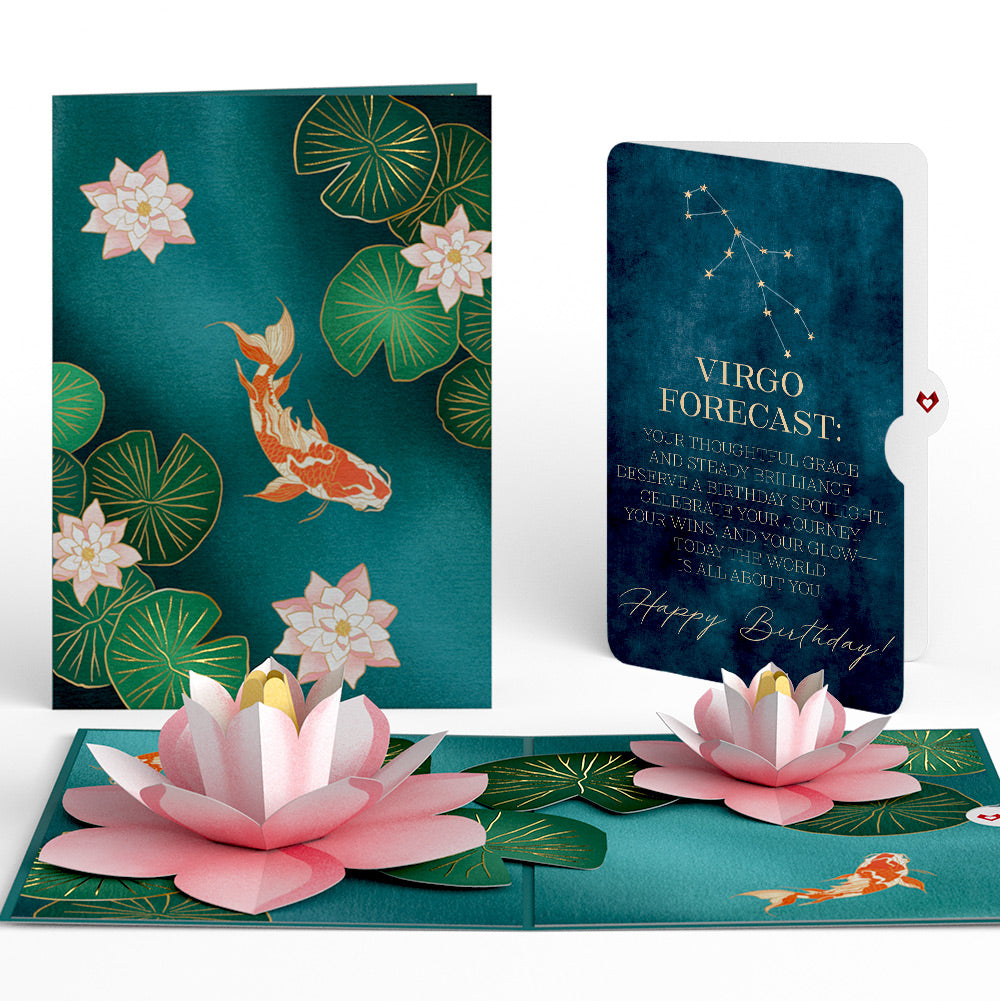 Koi Fish and Lotus Pond Birthday Pop-Up Card and Virgo Zodiac Sentiment Set