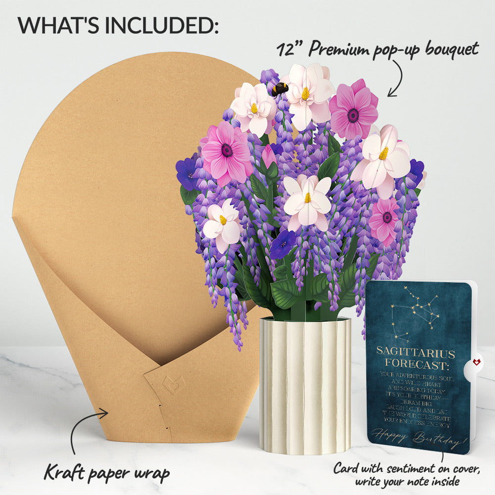 Wisteria Birthday Bouquet and Sagittarius Zodiac Sentiment Set