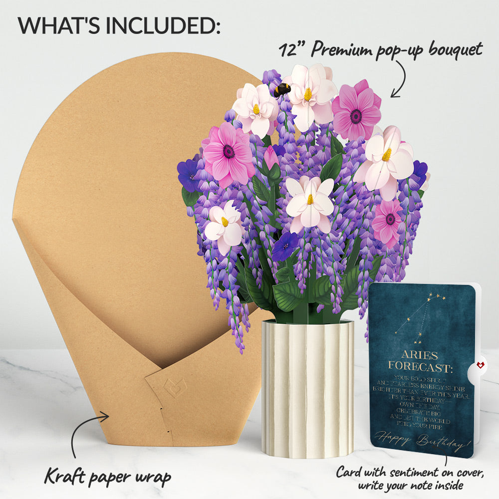 Wisteria Birthday Bouquet and Aries Zodiac Sentiment Set