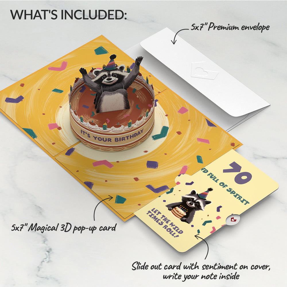Go Feral Raccoon 70th Birthday Pop-Up Card and Sentiment Set