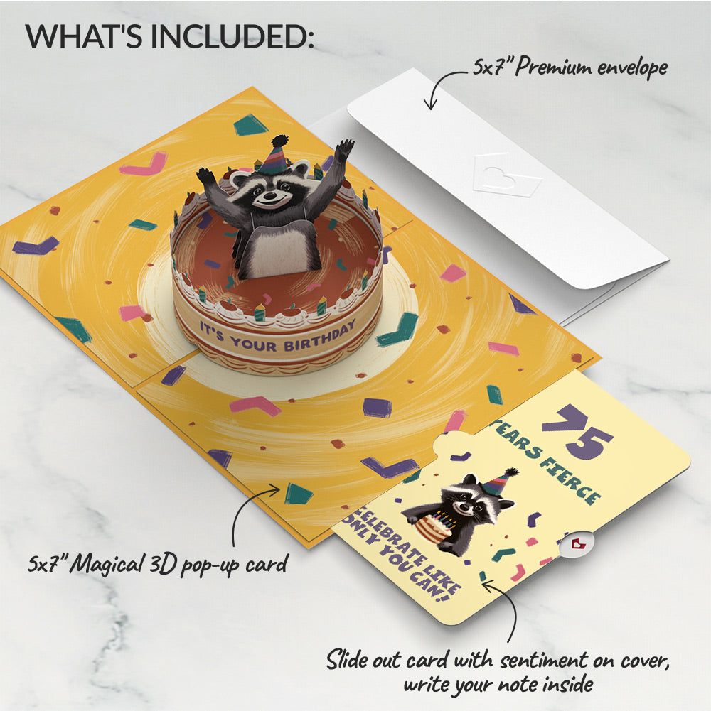 Go Feral Raccoon 75th Birthday Pop-Up Card and Sentiment Set