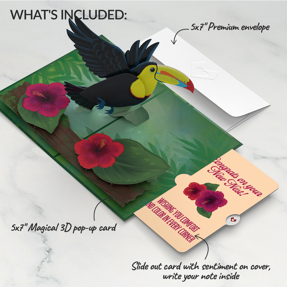 Rainforest Toucan Housewarming Pop-Up Card and Hibiscus Sentiment Set