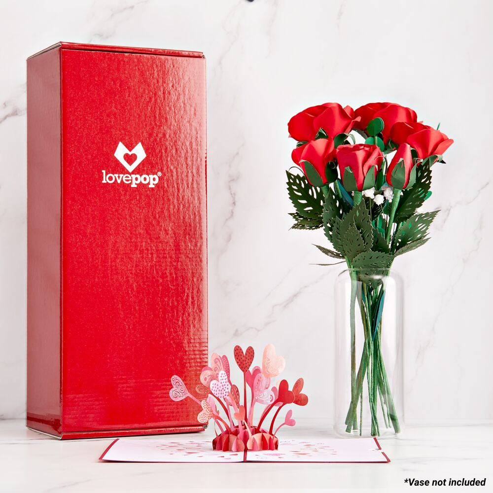 Handcrafted Paper Flowers: Roses (6 Stems) with Love Explosion Pop-Up Card