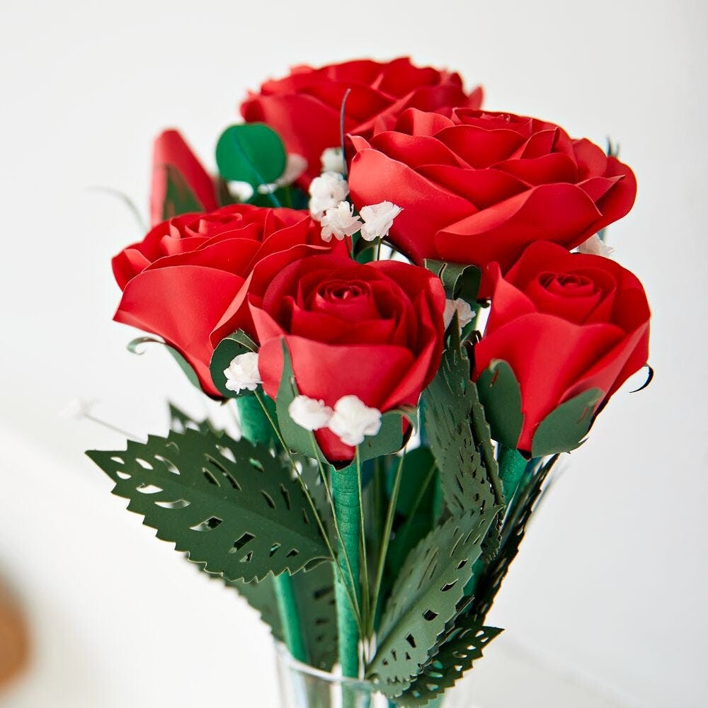 Handcrafted Paper Flowers: Roses (6 Stems) with I Lava You Pop-Up Card