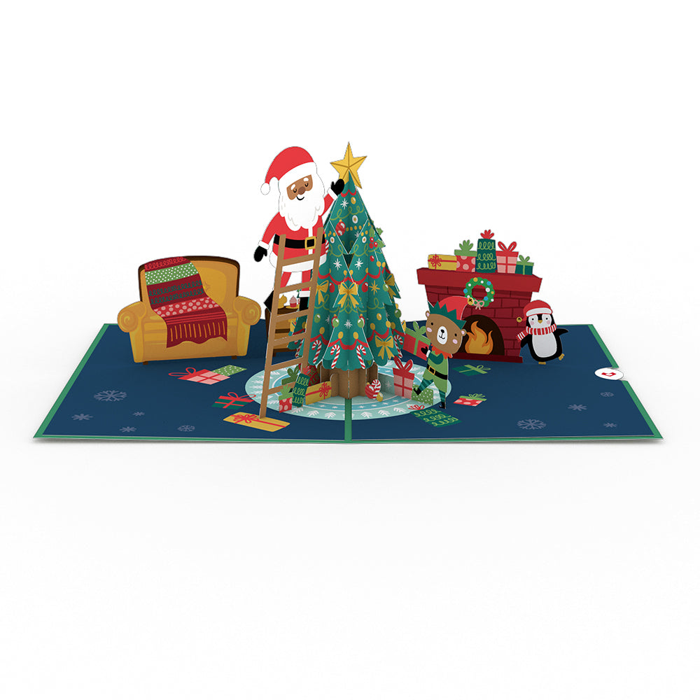 Santa Decorating a Christmas Tree Pop-Up Card