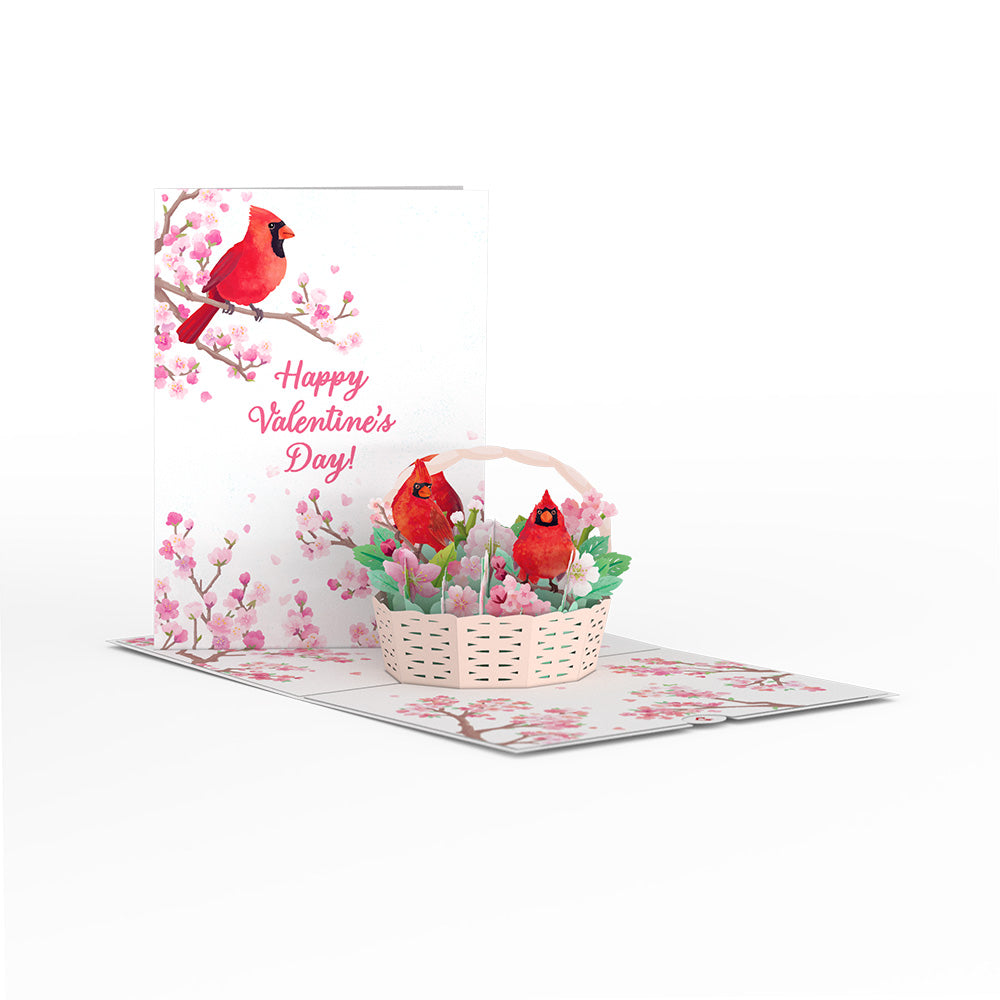 Valentine's Cherry Blossom Basket with Cardinals Pop-Up Card