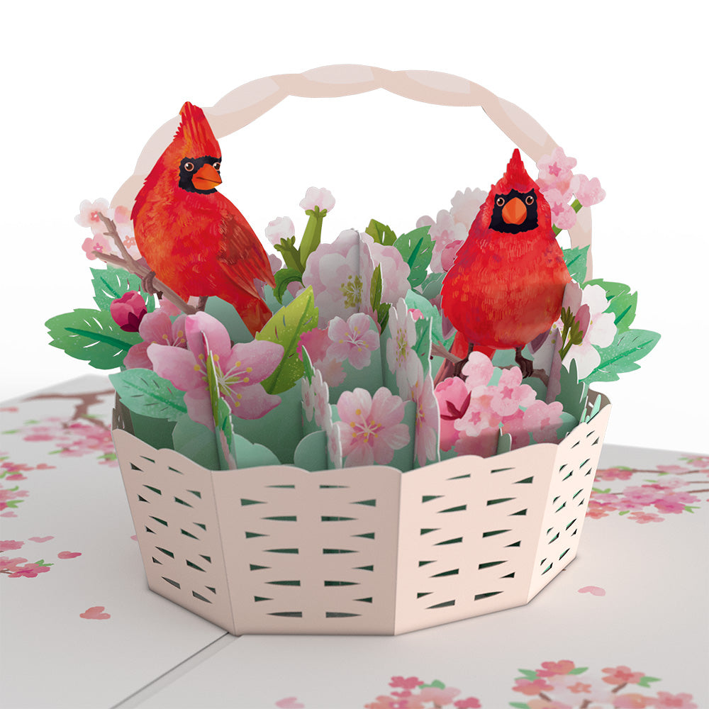 Valentine's Cherry Blossom Basket with Cardinals Pop-Up Card