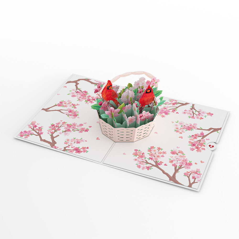 Valentine's Cherry Blossom Basket with Cardinals Pop-Up Card