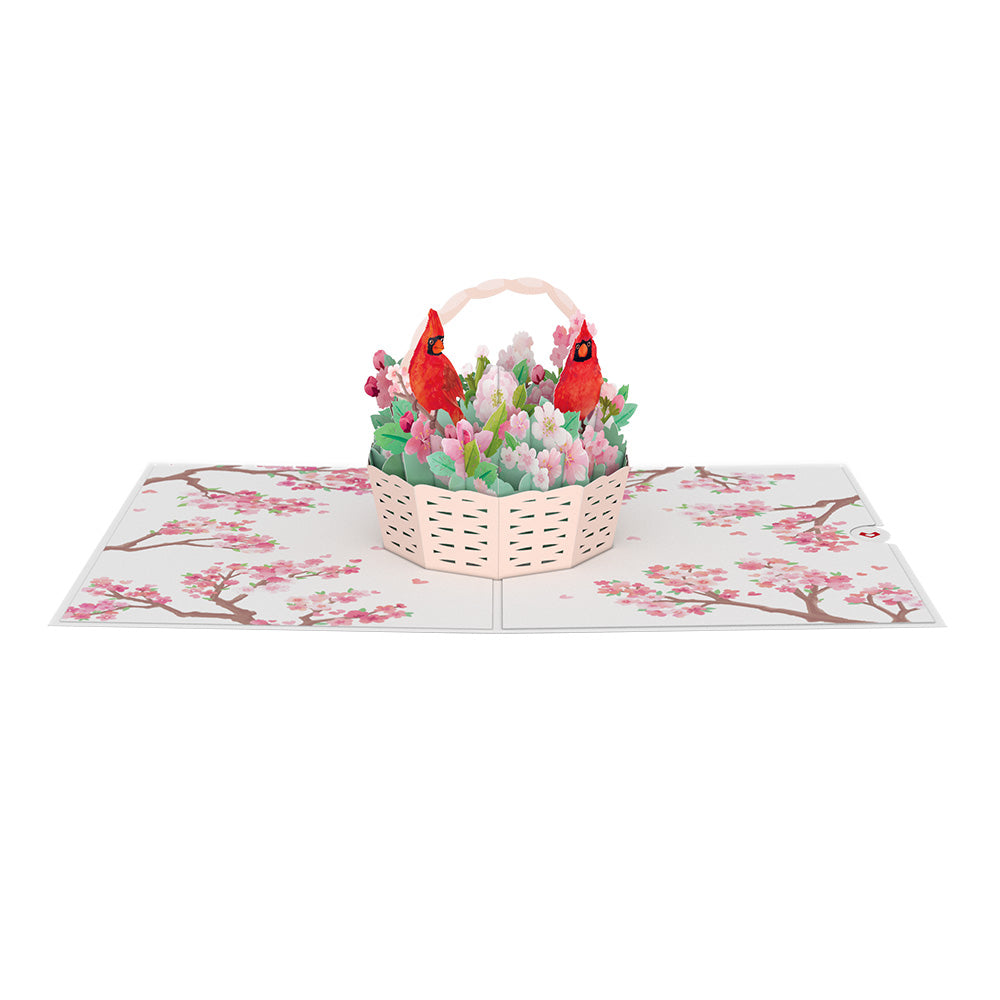 Valentine's Cherry Blossom Basket with Cardinals Pop-Up Card