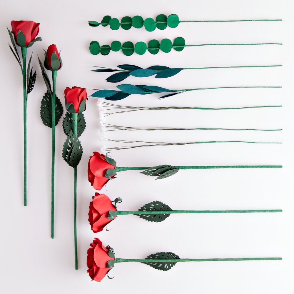 Handcrafted Paper Flowers: Roses (6 Stems) with Lovely Hummingbird Pop-Up Card