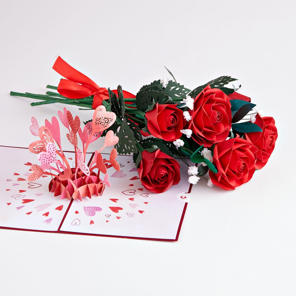 Handcrafted Paper Flowers: Roses (6 Stems) with Love Explosion Pop-Up Card