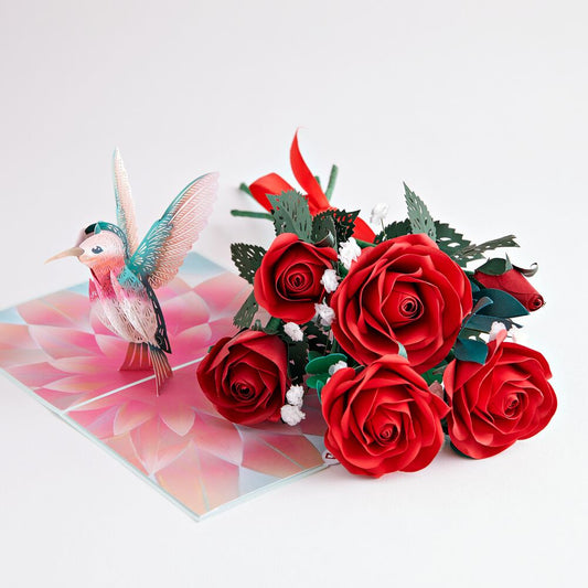 Handcrafted Paper Flowers: Roses (6 Stems) with Lovely Hummingbird Pop-Up Card