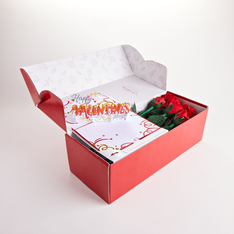 Handcrafted Paper Flowers: Roses (6 Stems) with Happy Valentine's Day Pop-Up Card