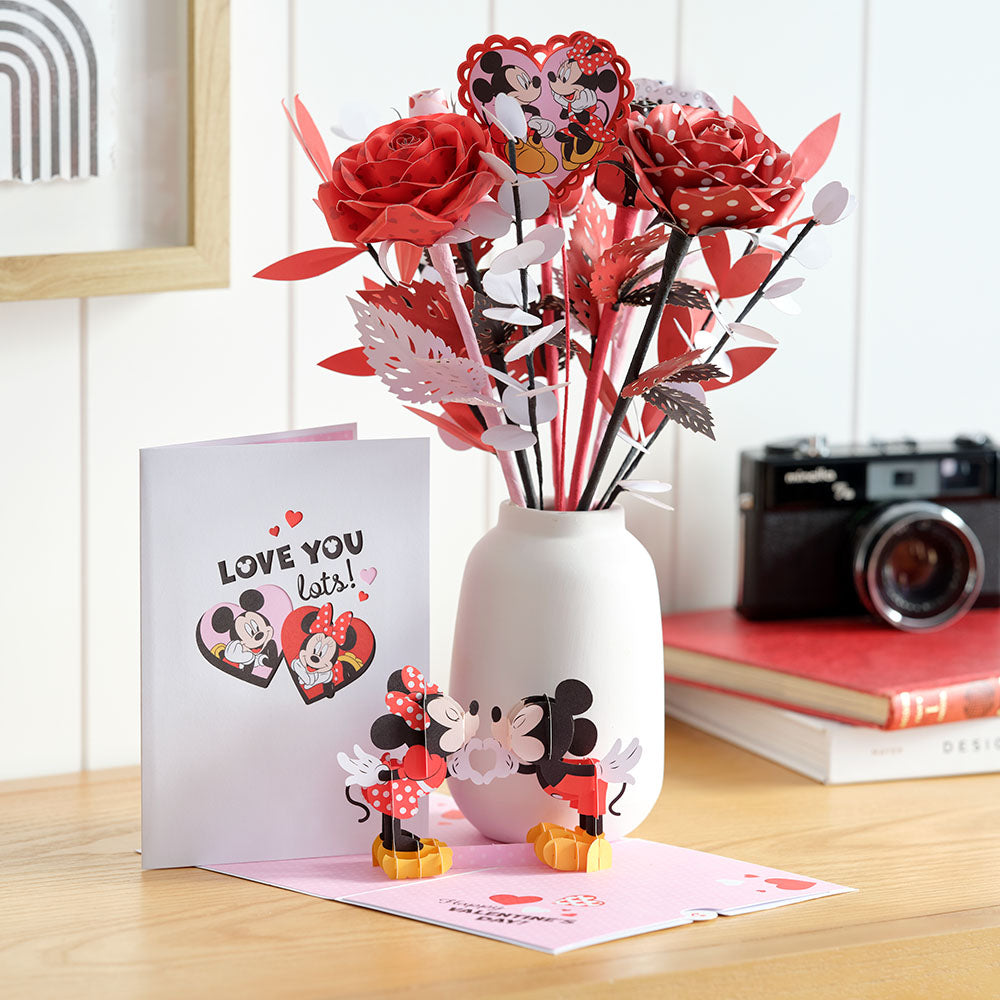 Handcrafted Paper Flowers: Disney's Mickey & Minnie Lovestruck Roses (6-Stem) with Love You Lots Pop-Up Card