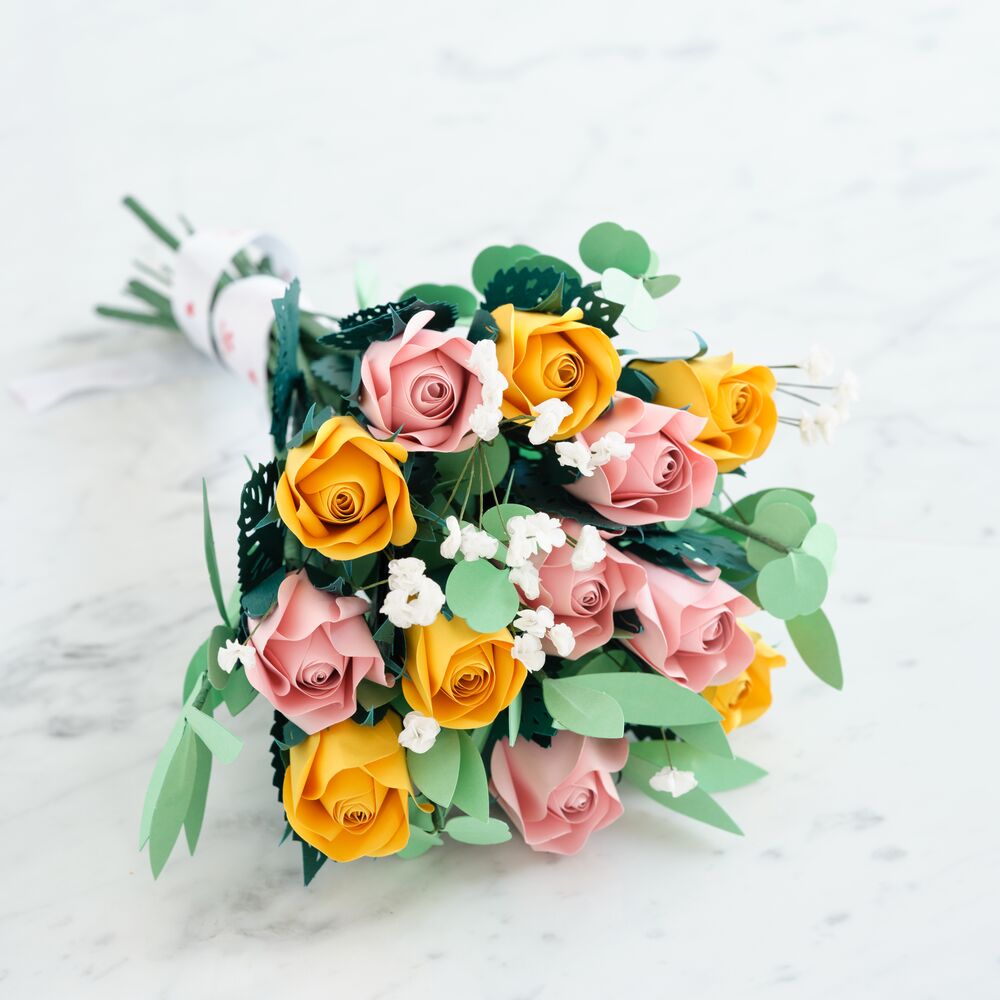 Handcrafted Paper Flowers: Pink & Yellow Roses (12 Stems) with Lovely Hummingbird Pop-Up Card