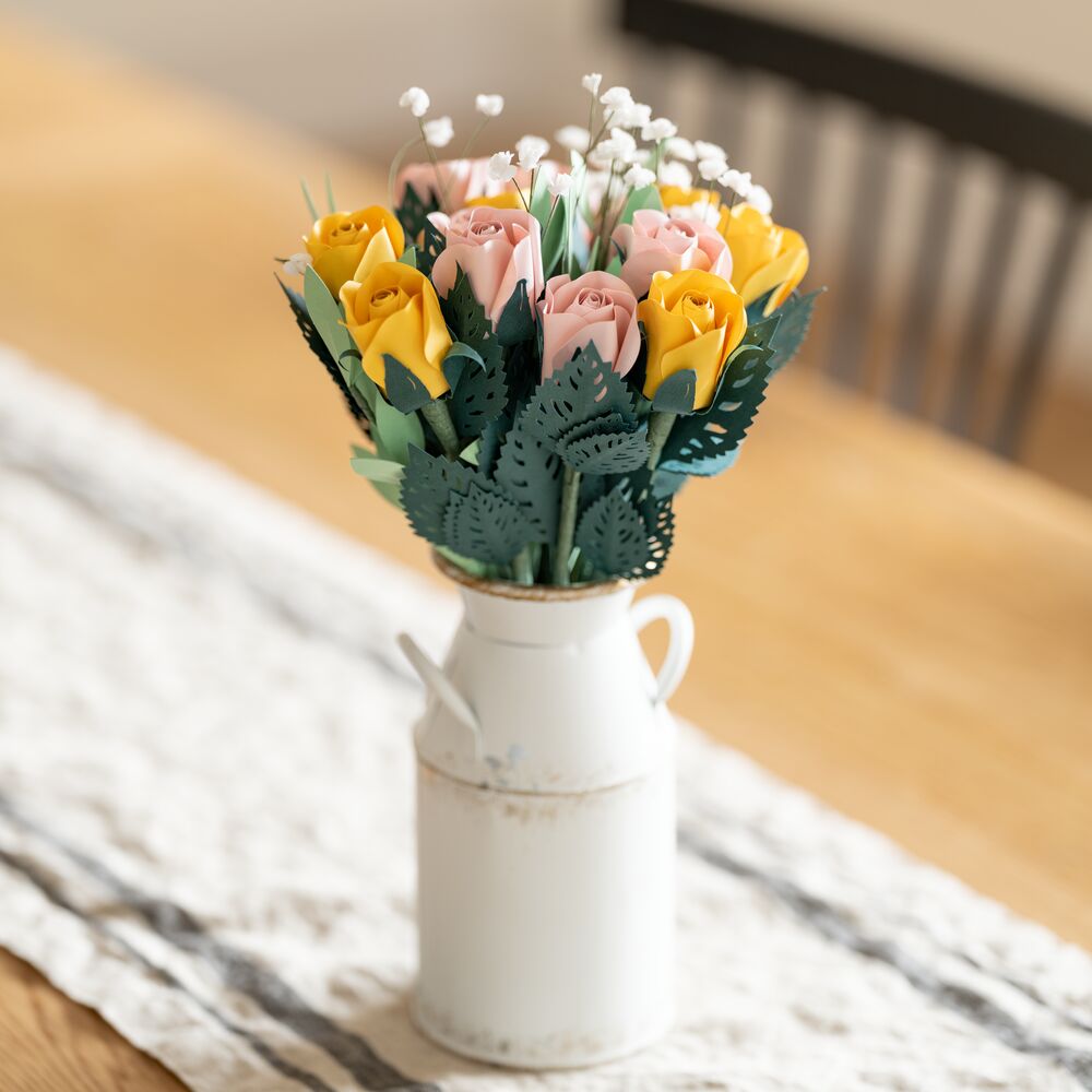 Handcrafted Paper Flowers: Pink & Yellow Roses (12 Stems) with Lovely Hummingbird Pop-Up Card