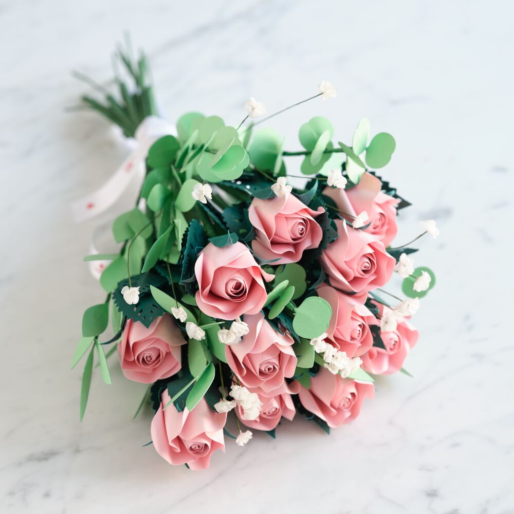Handcrafted Paper Flowers: Pink Roses (12 Stems)