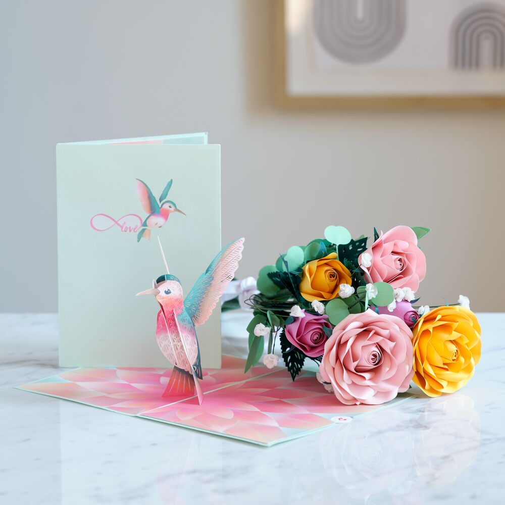 Handcrafted Paper Flowers: Pink & Yellow Roses (6 Stems) with Lovely Hummingbird Pop-Up Card