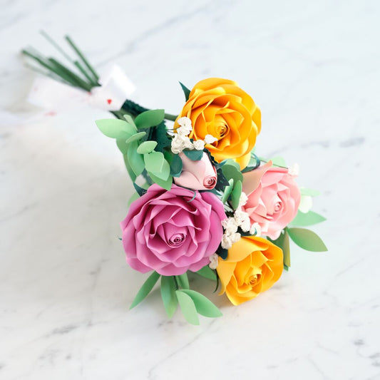 Handcrafted Paper Flowers: Pink & Yellow Roses (6 Stems)