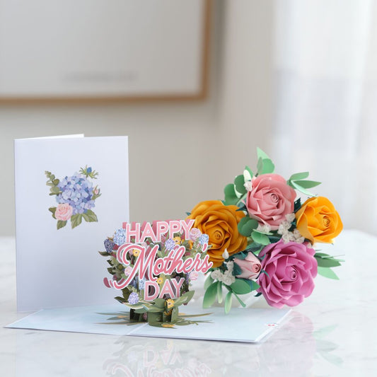 Handcrafted Paper Flowers: Pink & Yellow Roses (6 Stems) with Happy Mother's Day Pop-Up Card