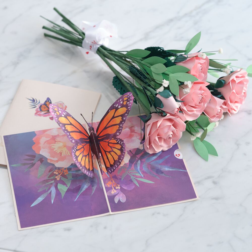 Handcrafted Paper Flowers: Pink Roses (6 Stems) with Monarch Butterfly Pop-Up Card