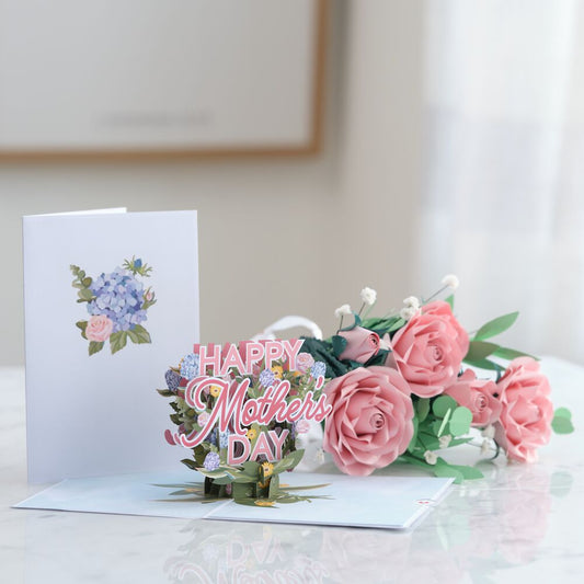 Handcrafted Paper Flowers: Pink Roses (6 Stems) with Happy Mother's Day Pop-Up Card