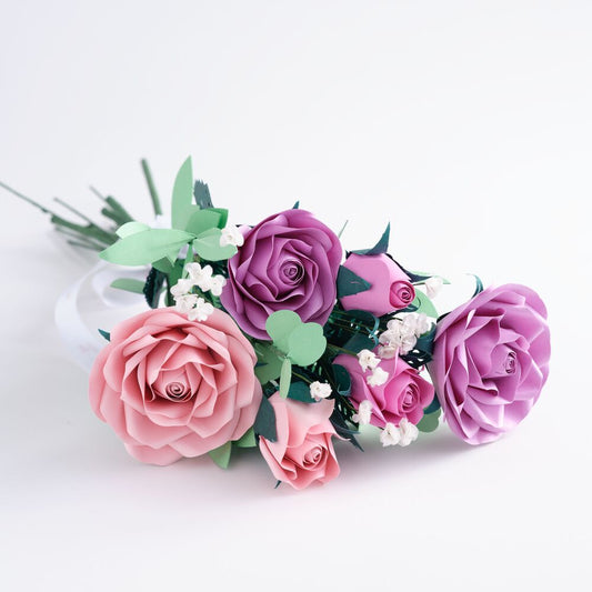 Handcrafted Paper Flowers: Pink & Purple Roses (6 Stems)