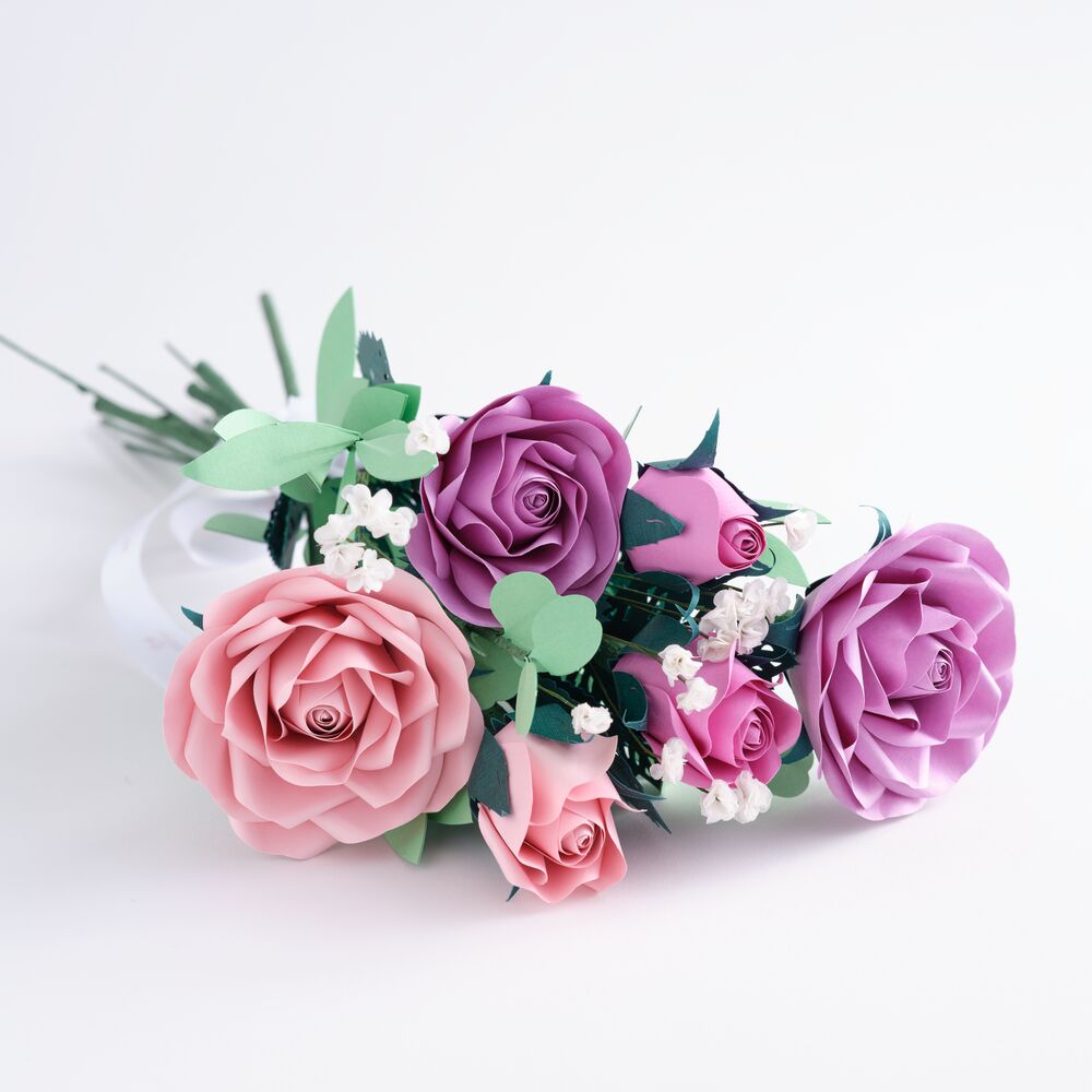 Handcrafted Paper Flowers: Pink & Purple Roses (6 Stems)