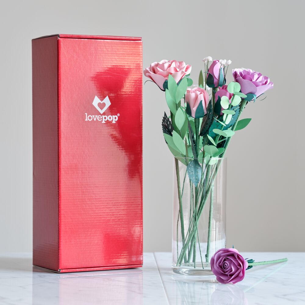 Handcrafted Paper Flowers: Pink & Purple Roses (6 Stems)
