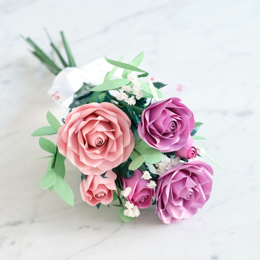 Handcrafted Paper Flowers: Pink & Purple Roses (6 Stems)