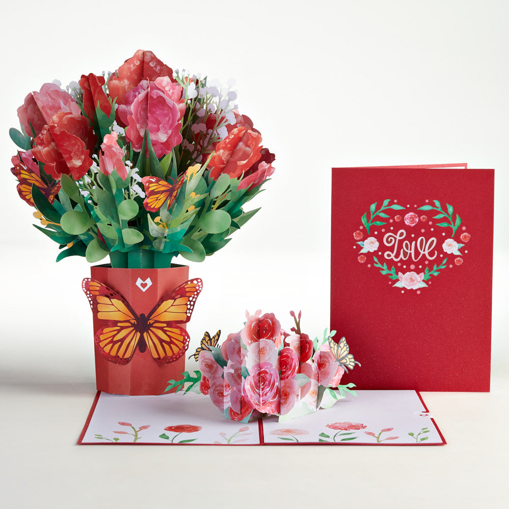 Love Roses and Butterflies Pop-Up Card & Watercolor Roses Bouquet Bundle
